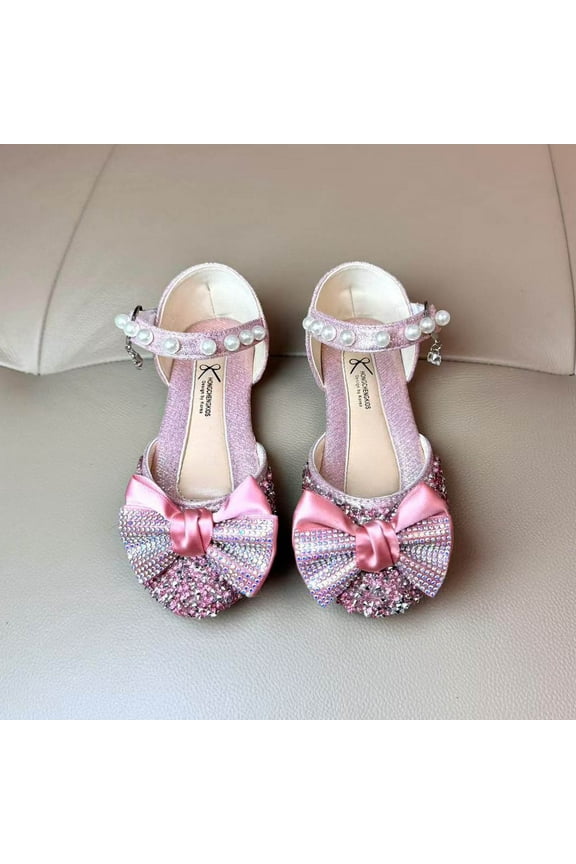 Toddler/Little Girls Bow Dress Shoes Sparkling Princess Shoes Glitter Flower Flats Mary Jane Low Heels Stage Performance Shoes for Wedding/School/Dance/Festival