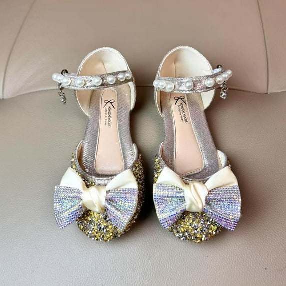 purcolt Toddler/Little Girls Bow Dress Shoes Sparkling Princess Shoes Glitter Flower Flats Mary Jane Low Heels Stage Performance Shoes for Wedding/School/Dance/Festival