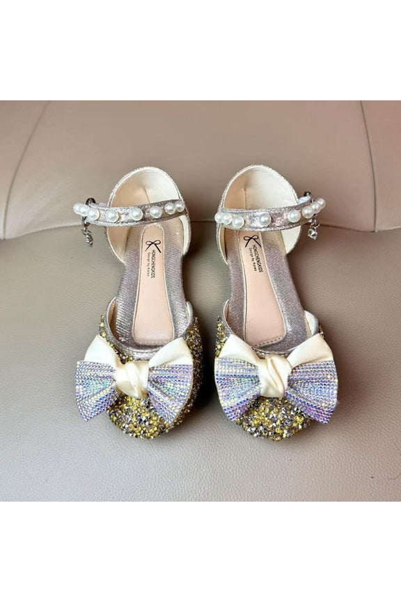 Toddler/Little Girls Bow Dress Shoes Sparkling Princess Shoes Glitter Flower Flats Mary Jane Low Heels Stage Performance Shoes for Wedding/School/Dance/Festival