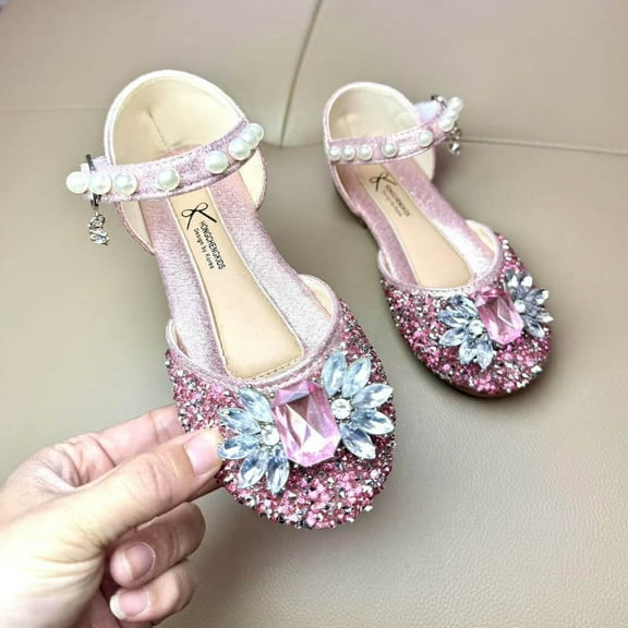 purcolt Toddler Little Girls Dress Shoes Flower Princess Shoes Mary Jane Shoes Low Heel Glitter Rhinestones Flats for Party Wedding