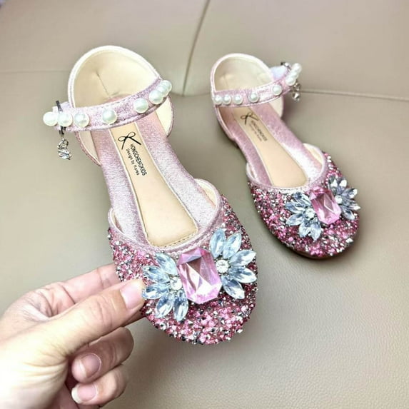 purcolt Toddler Little Girls Dress Shoes Flower Princess Shoes Mary Jane Shoes Low Heel Glitter Rhinestones Flats for Party Wedding