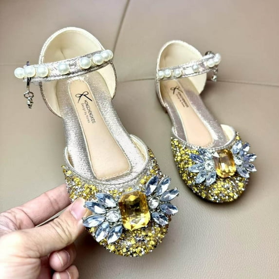 purcolt Toddler Little Girls Dress Shoes Flower Princess Shoes Mary Jane Shoes Low Heel Glitter Rhinestones Flats for Party Wedding