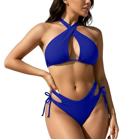 Purcolt Two Piece Bikini Set for Women Criss Cross Halter Cut Out Swimsuits Spaghetti Strap Swimwear Bathing Suit with Tie Side Bottom