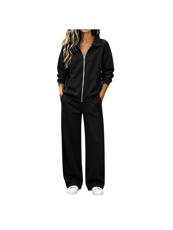 Two Piece Tracksuit for Women Long Sleeve Zipper Hoodie Drawstring Coat with Wide Leg Jogger Pants Casual Sports Sweatsuit Workout Set