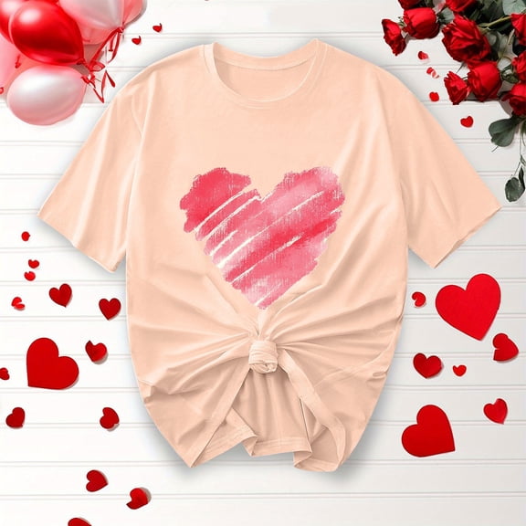 Purcolt Valentine's Day Women's Funny Love Heart Round Neck Graphic Shirt Loose Fit Comfy Casual Short Sleeve Tunic Tops