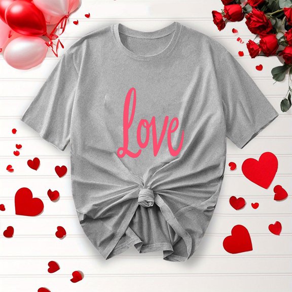 Purcolt Valentine's Day Women's Letter T-Shirt Casual Round Neck Loose Fit Comfy Short Sleeve Love Graphic Print Tees Tops