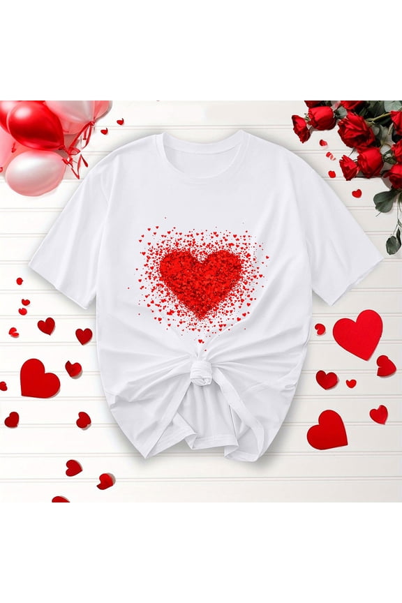 Valentines Day Shirts for Women Funny Love Heart Print Shirts Casual Round Neck Valentine Tunic Short Sleeve Tops