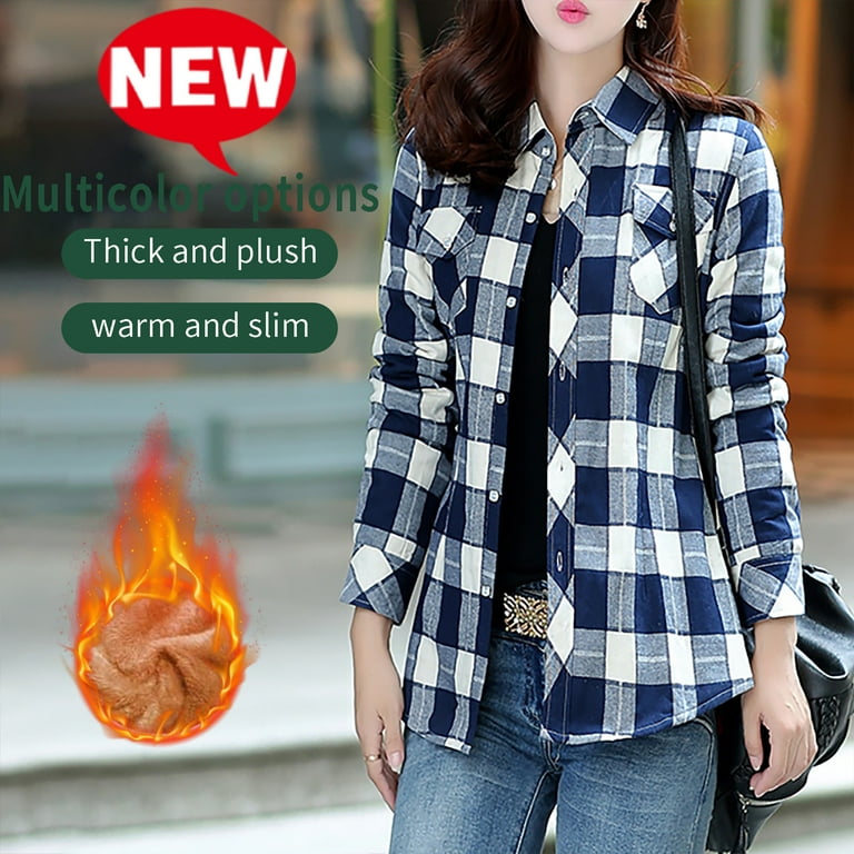 purcolt Winter Clearance 2024! Women's Thicken Warm Flannel Plaid Shirts  Long Sleeve Button Casual Work Blouses Tops Shacket Jackets Fleece Lined