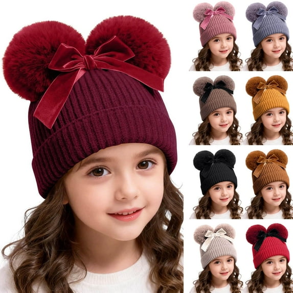 purcolt Winter Hats for Kids Toddler Children, Girls Double Poms Bowknot Warm Knit Skull Caps for 6-36 Months
