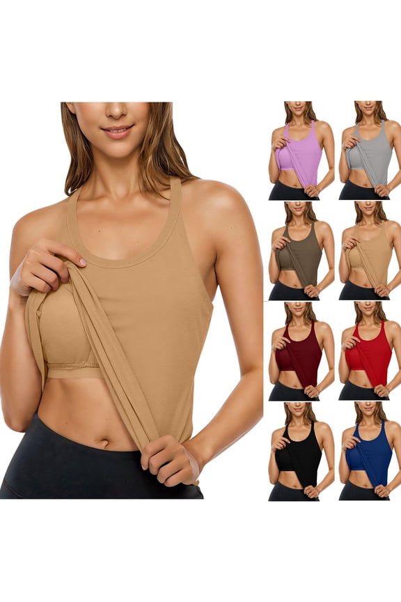 Women Built in Bra Tank Tops Casual Sleeveless Racerback Stretchy Slim Cami Shirts Athletic Running Workout Shirts
