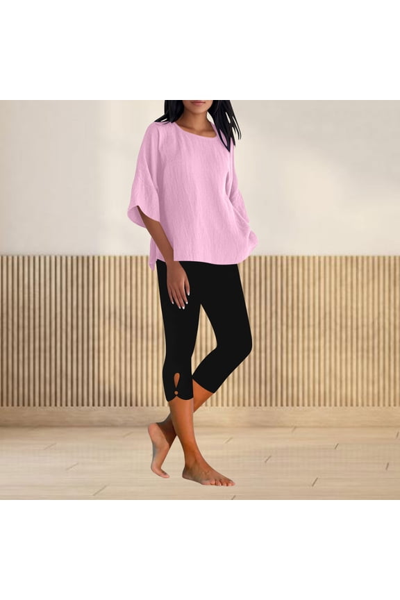 Women Cotton Linen 2 Piece Outfits 3/4 Sleeve Top High Waist Capri Leggings Suits Casual Loose Matching Sets