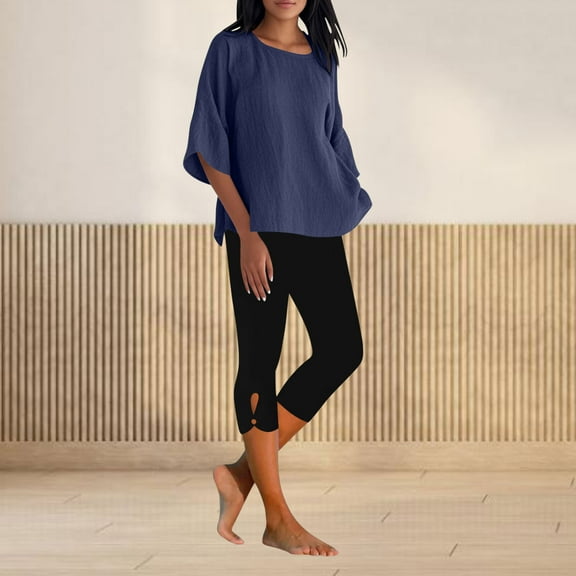 purcolt Women Cotton Linen 2 Piece Outfits 3/4 Sleeve Top High Waist Capri Leggings Suits Casual Loose Matching Sets