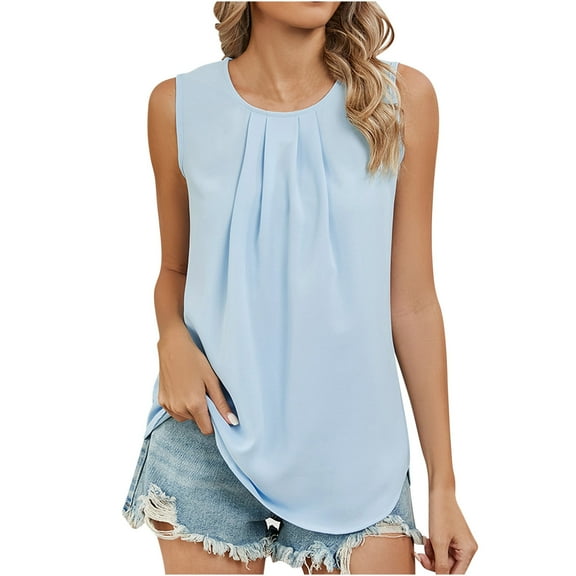 purcolt Womens Chiffon Tank Top Pleated Sleeveless Crew Neck Flowy Shirt Dressy Casual Loose Fit Tunic Blouse Summer Beach Tops