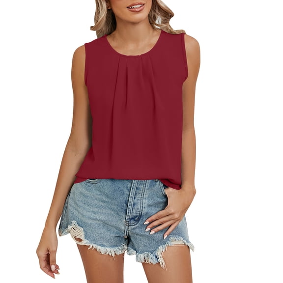 purcolt Womens Chiffon Tank Top Pleated Sleeveless Crew Neck Flowy Shirt Dressy Casual Loose Fit Tunic Blouse Summer Beach Tops