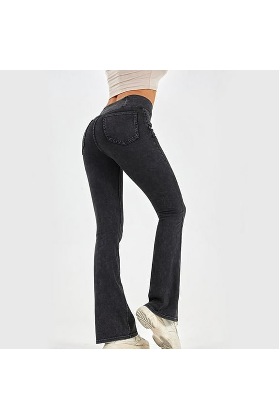 Women Crossover Flare Jeans High Waisted Bell Bottom Jeggings Stretchy Denim Yoga Pants