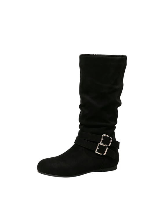 Women Knee High Slouch Boots Double Buckle Decor Flat Heel Tall Boots PU Leather Footwear Fall Winter Boots for Commuting Shopping Daily Outdoor Wear
