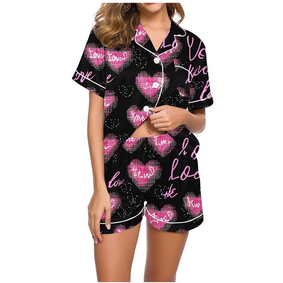 purcolt Womens Valentines Day Pajamas Set Heart Print Short Sleeve Button Down Shirts with Shorts Loungewear Soft Sleepwear