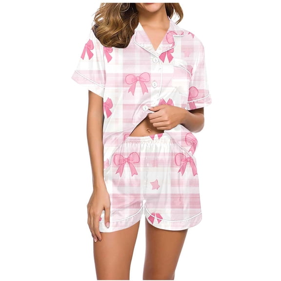purcolt Womens Valentines Day Pajamas Set Heart Print Short Sleeve Button Down Shirts with Shorts Loungewear Soft Sleepwear