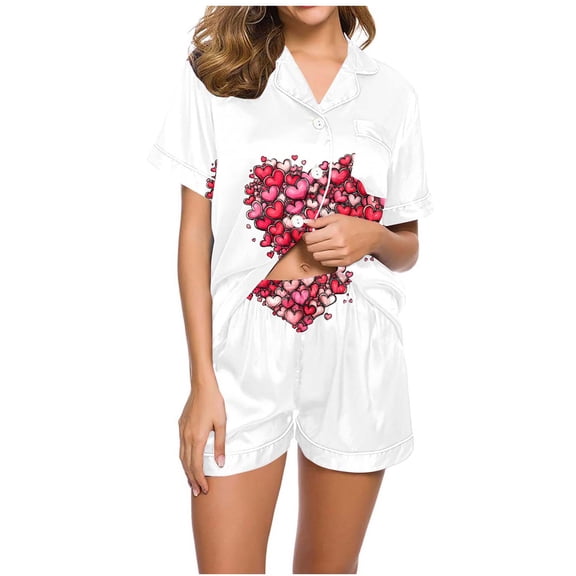 purcolt Womens Valentines Day Pajamas Set Heart Print Short Sleeve Button Down Shirts with Shorts Loungewear Soft Sleepwear