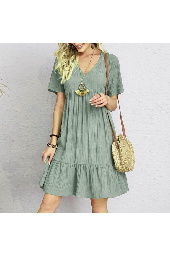 Women Summer Dress Short Sleeve V Neck Beach Casual Dress Flowy Swing T Shift Dress