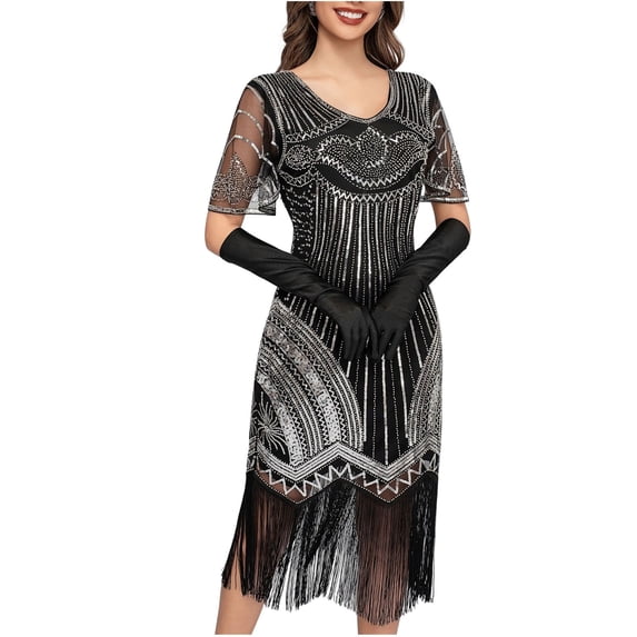 purcolt Women's 1920s Vintage Dresses Short Sleeve V-Neck Fringed Sequin Dress Casual Lightweight Party Evening Club Dress