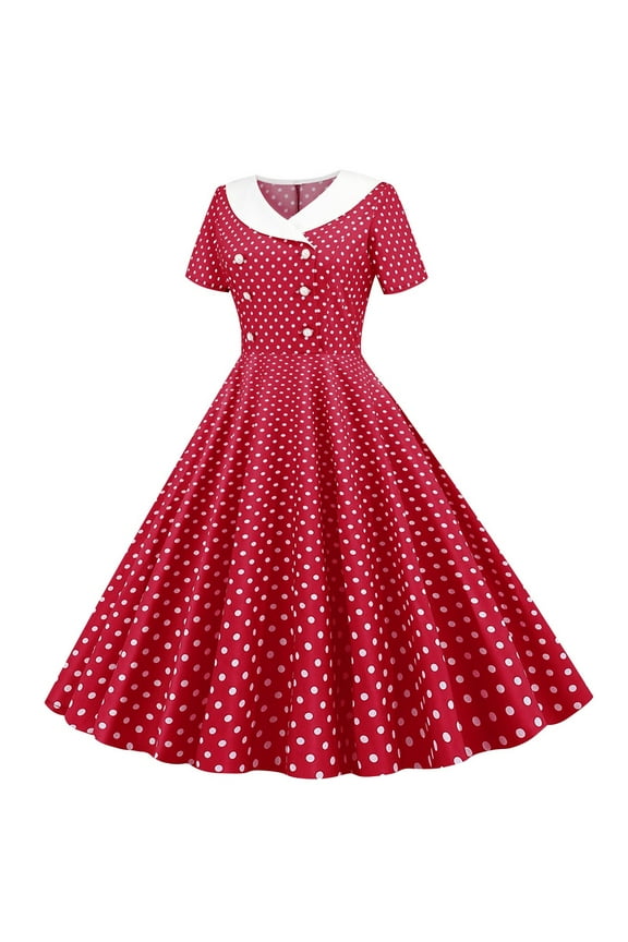 Women's 1950s Vintage Retro Dresses Polka Dot Short Sleeve Button Midi Dresses Formal Wedding Party Cocktail Dress
