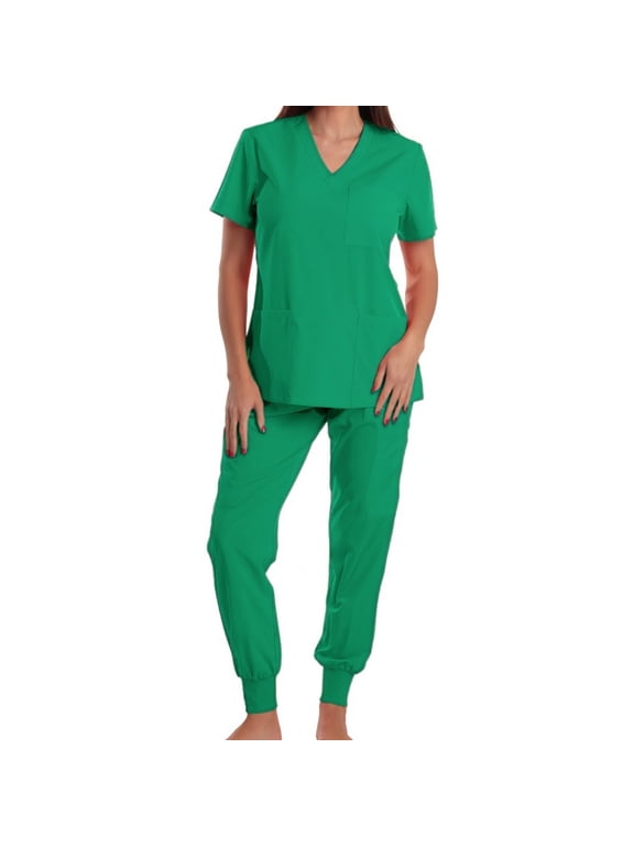 Women's 2 Piece Scrub Set Classic V-Neck Short Sleeve Tops Elastic Drawstring Waist Cuffed Ankle Pants Casual Breathable Medical Uniform with Multi Pockets