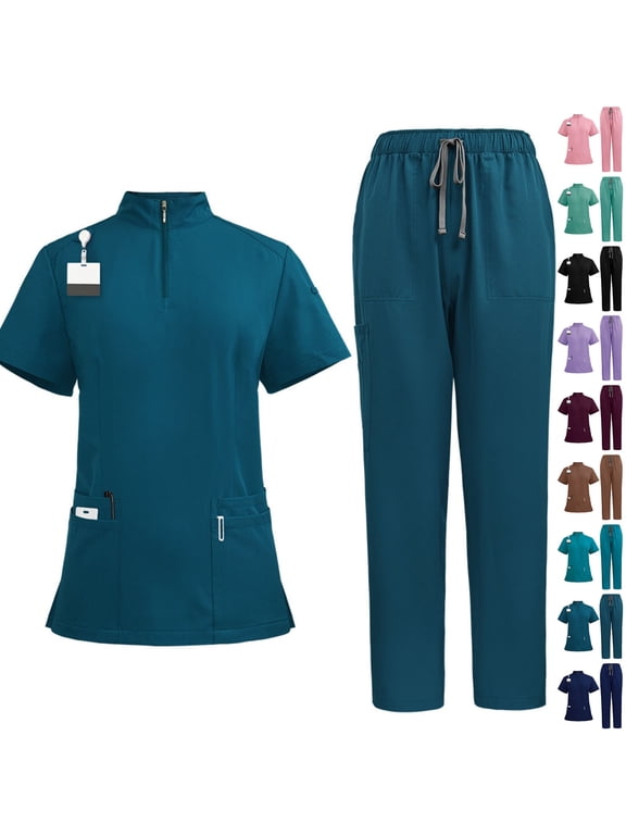 Women's 2 Piece Scrub Set Quarter Zip Stand Collar Short Sleeve Tops Elastic High Waist Drawstring Straight Leg Pants Casual Soft Work Scrubs Medical Uniform Multi Pockets