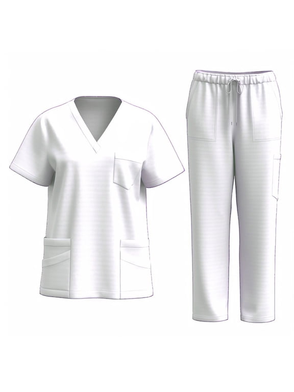Women's 2 Piece Scrub Set Short Sleeve V-Neck Tops Elastic High Waist Drawstring Straight Leg Pants Casual Breathable Medical Uniform Set with Multi Pockets