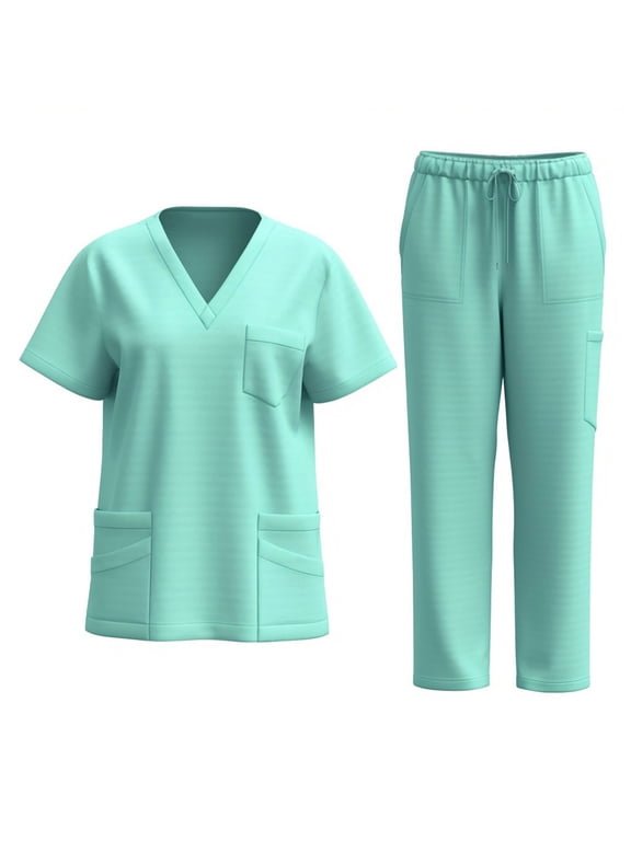 Women's 2 Piece Scrub Set Short Sleeve V-Neck Tops Elastic High Waist Drawstring Straight Leg Pants Casual Breathable Medical Uniform Set with Multi Pockets