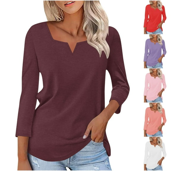 purcolt Women's 3/4 Length Sleeve Tops Dressy Casual Square V Neck Shirts Business Work Tunic Tees