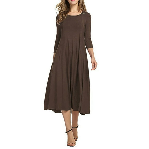 purcolt Women's 3/4 Sleeve Pleated Midi Dresses Fall Casual A-Line Flowy Swing Solid T Shirt Dress Cocktail Party Dress