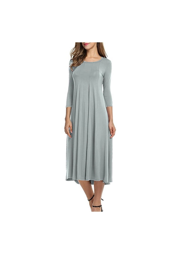 Women's 3/4 Sleeve Pleated Midi Dresses Fall Casual A-Line Flowy Swing Solid T Shirt Dress Cocktail Party Dress