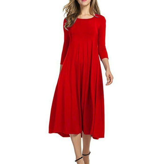 purcolt Women's 3/4 Sleeve Pleated Midi Dresses Fall Casual A-Line Flowy Swing Solid T Shirt Dress Cocktail Party Dress