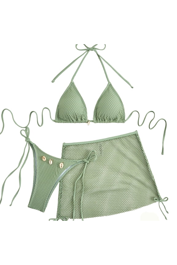 Women's 3 Piece Bikini Swimsuit Set, Fishnet Halter Triangle String Bikini Set Bathing Suit with Cover Up Beach Skirt Ladies Swimwear