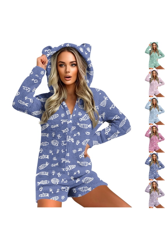 Women's Adult Animal Onesie Pajamas, Long Sleeve Zipper Front One Piece Fuzzy Hooded Shorts Jumpsuit Cute Bear Ear Winter Warm Sleepwear Homewear