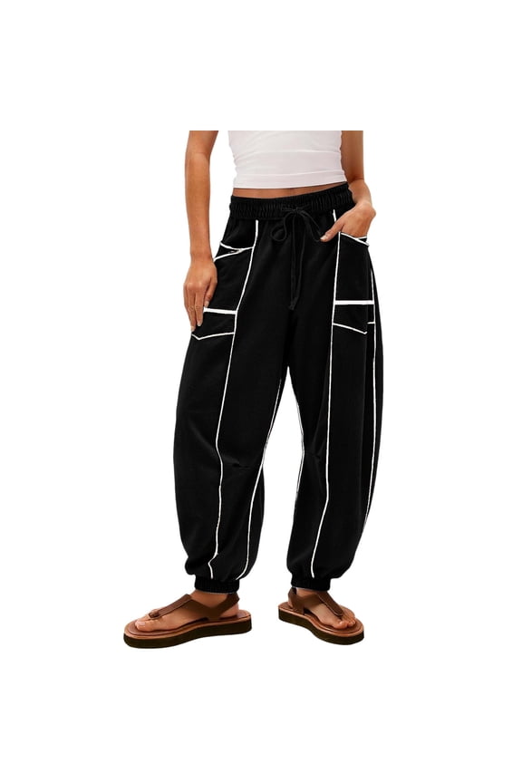 Women's Barrel Sweatpants High Waisted Wide Leg Lounge Pants Drawstring Waist Patchwork Pants with Pockets