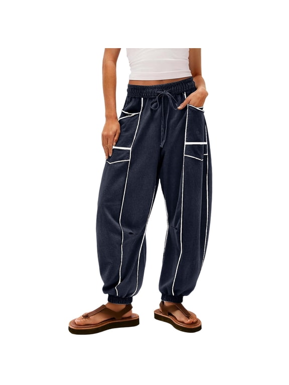 Women's Barrel Sweatpants High Waisted Wide Leg Lounge Pants Drawstring Waist Patchwork Pants with Pockets
