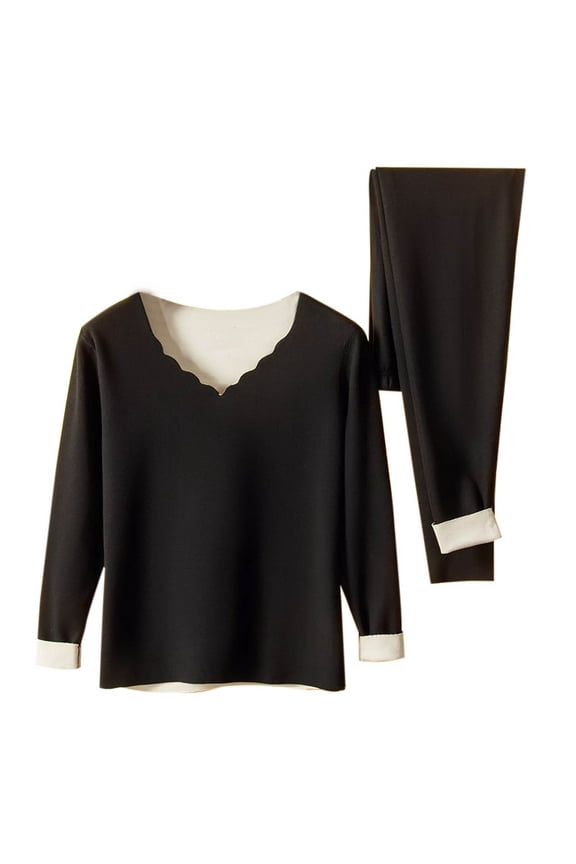 Women's Big and Tall Thermal Underwear Set Long Sleeve V-Neck Tops Elastic High Waist Long Johns Pants Fleece Lined Warm Winter Sleepwear Set