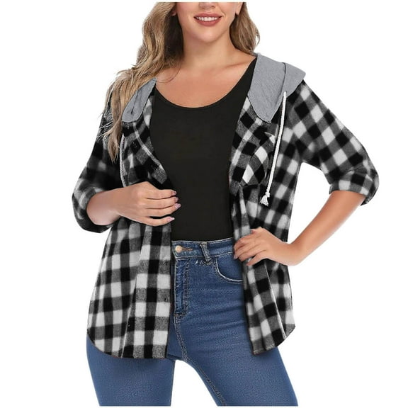 purcolt Women's Buffalo Plaid Flannel Shirts Hoodie Drawstring Casual Fall Long Sleeve Shirt Jacket Button Down Blouse Tops with Pocket
