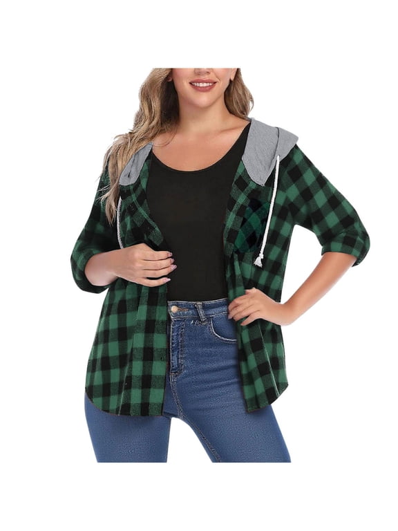 Women's Buffalo Plaid Flannel Shirts Hoodie Drawstring Casual Fall Long Sleeve Shirt Jacket Button Down Blouse Tops with Pocket