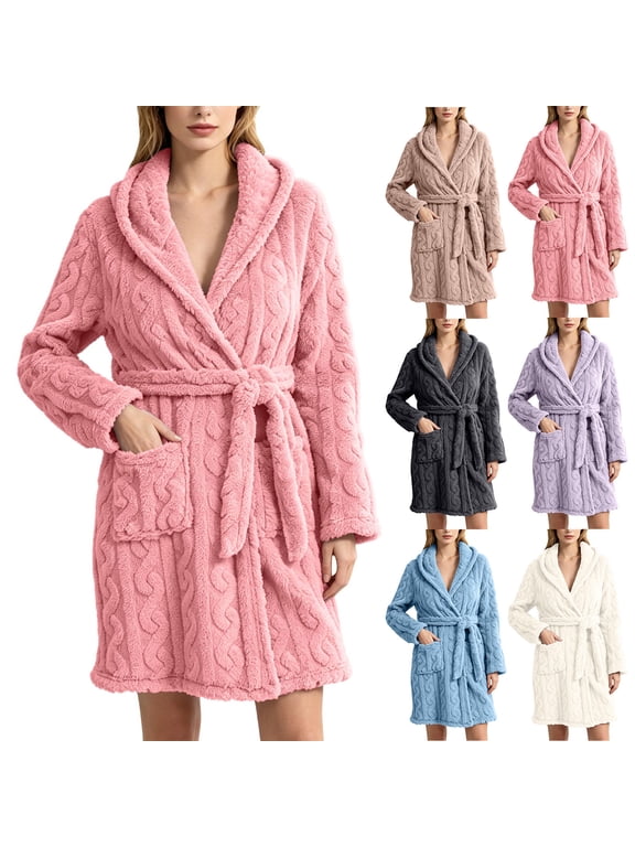 Women's Cable Knit Robes Long Sleeeve Textured Fleece Shawl Collar Pajamas Casual Soft Warm Winter Sleepwear Robe with Tie Belt and Pockets