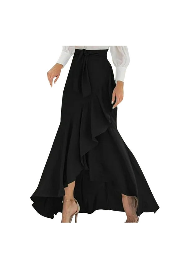 Women's Casual Elegant Mermaid Maxi Skirt A Line Asymmetrical Ruffle Hem Work Office Fishtail Long Skirt with Belt