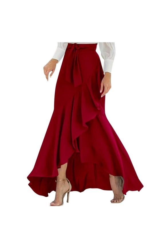 Women's Casual Elegant Mermaid Maxi Skirt A Line Asymmetrical Ruffle Hem Work Office Fishtail Long Skirt with Belt
