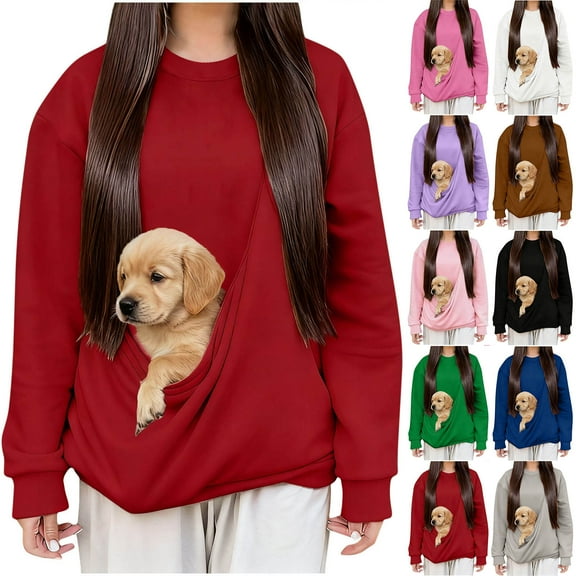 purcolt Women's Cats Dogs Carrier Sweatshirt Long Sleeve Kitten Puppy Holder Hoodies Front Large Pouch Pet Carrier Pullover Tops