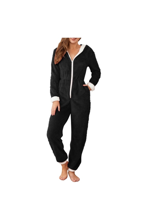 Women's Christmas Fleece Onesies Pajamas Winter Warm Flannel One Piece Hooded Jumpsuits Front Zipper Playsuit Sleepwear Homewear