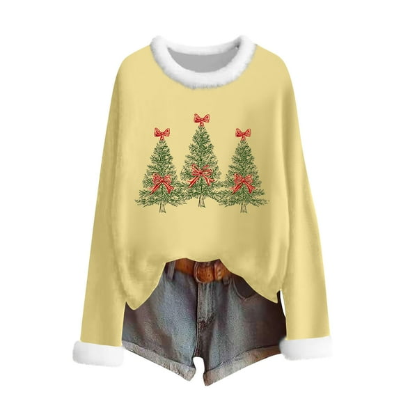 purcolt Women's Christmas Sweatshirt Long Sleeve Crewneck Pullover Shirts Bow Christmas Tree Graphic Tops Casual Holiday Xmas Funny Printed Blouses