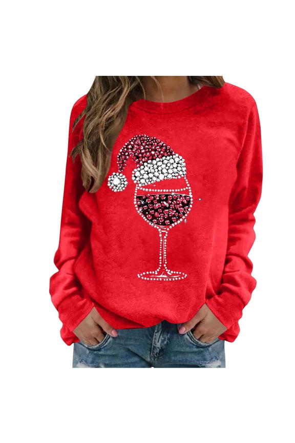 Women's Christmas Sweatshirt Vintage Wine Glass Casual Long Sleeve Crewneck Loose Pullover Tops Holiday Graphic Shirts Ugly Christmas Sweater