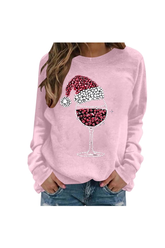 Women's Christmas Sweatshirt Vintage Wine Glass Casual Long Sleeve Crewneck Loose Pullover Tops Holiday Graphic Shirts Ugly Christmas Sweater