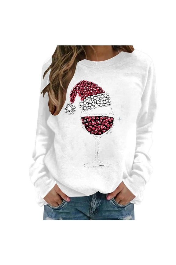 Women's Christmas Sweatshirt Vintage Wine Glass Casual Long Sleeve Crewneck Loose Pullover Tops Holiday Graphic Shirts Ugly Christmas Sweater